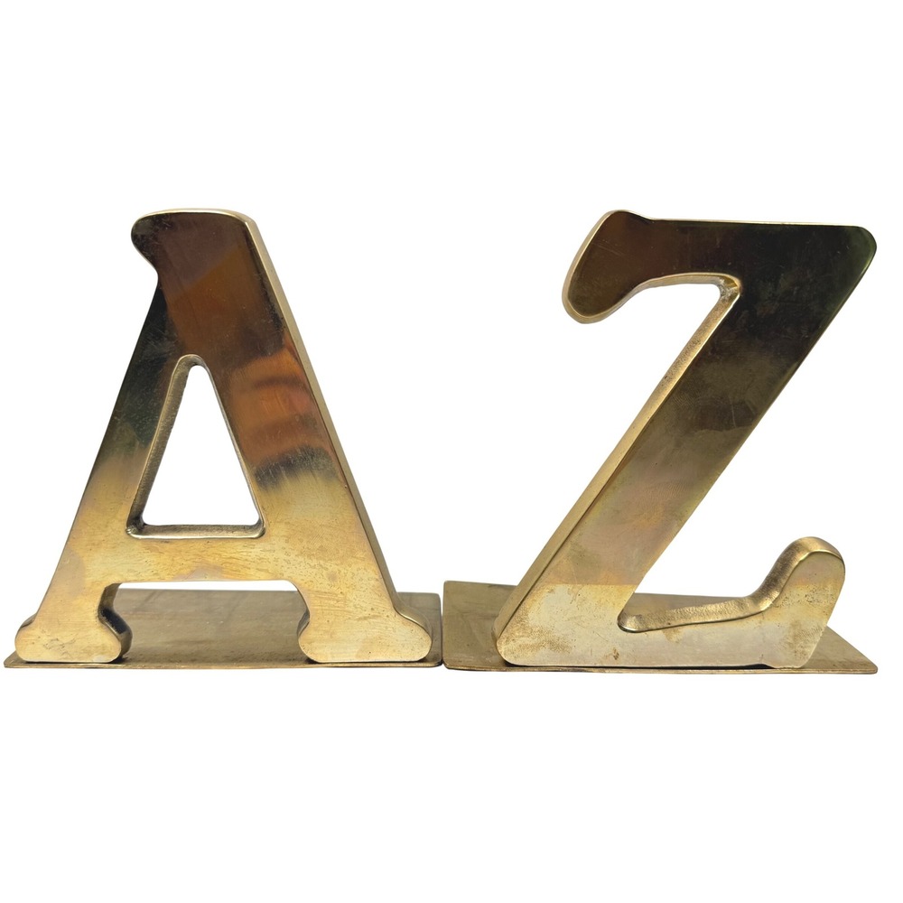 SOLID BRASS A-Z Alphabet Bookends Pair Heavy Gold Tone Vintage MCM Library 5.5"